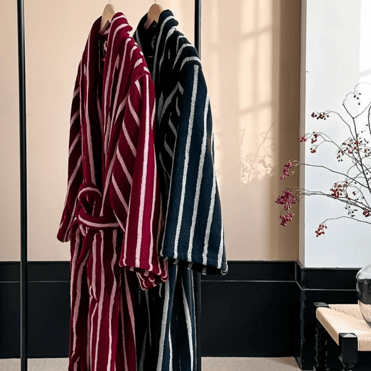 Bademantel aus Bio-Baumwolle Gestreift Damen Herren Morgenmantel Luxuriöse Weiche Loungewear Hausmantel Badezimmer | Sansoti