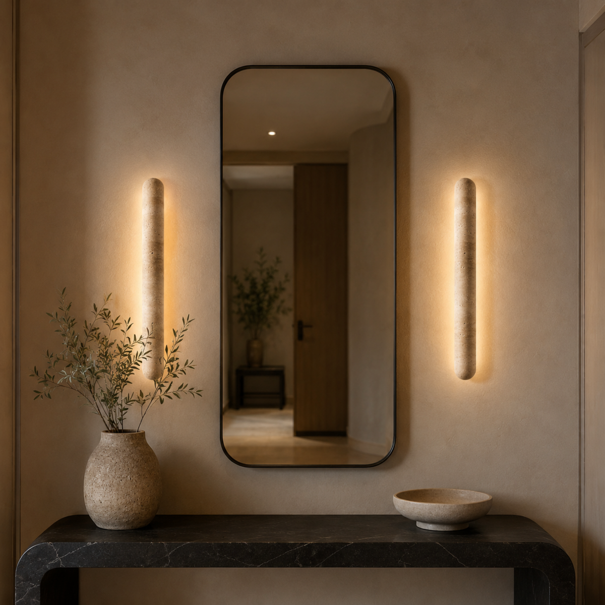 Applique murale cylindrique en pierre naturelle, LED à lumière chaude, travertin, éclairage architectural pour salon et couloir | Sansoti