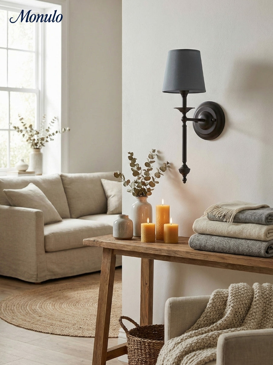 Stoffen Wandlamp met Vintage Koperen Afwerking – Sfeervolle Verlichting voor Hal, Slaapkamer en Woonkamer | Sansoti