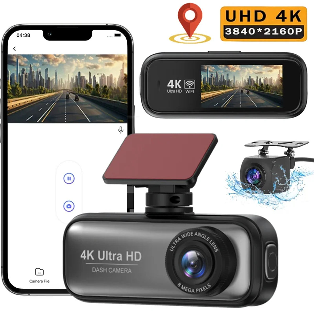Dashcam à double caméra 4K Ultra HD avec Wi-Fi, GPS, surveillance du stationnement, grand angle à 170°, sécurité automobile, enregistrement et vision nocturne | Sansoti