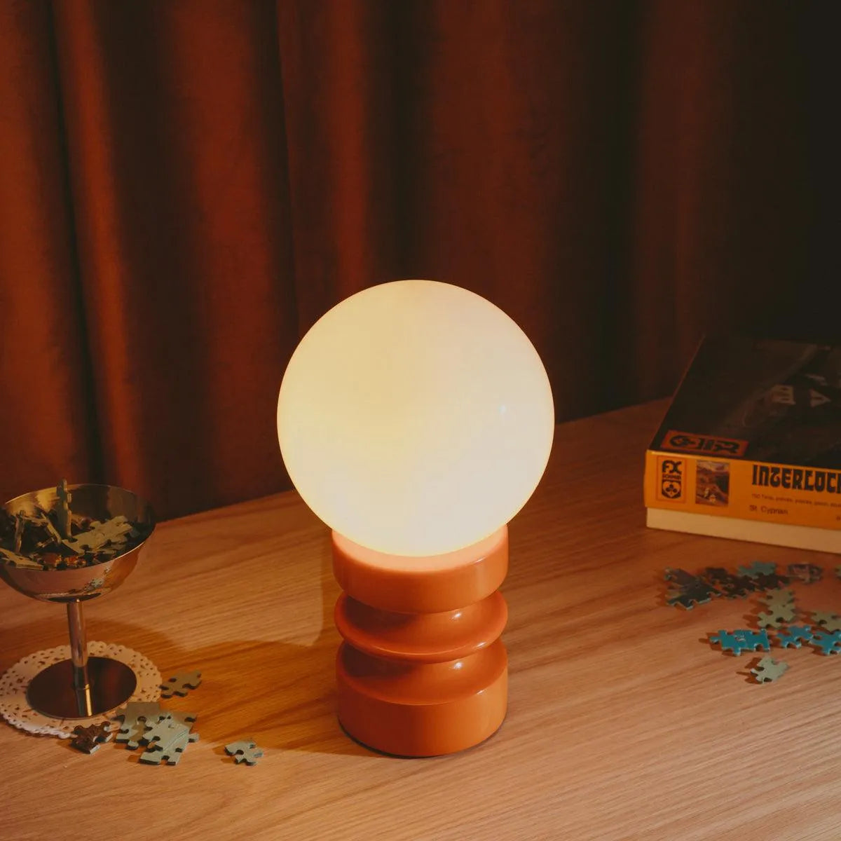 Lampe de table Bois massif Verre Vintage 28cm Vert Orange Rétro Éclairage d'ambiance Moderne | Restfield