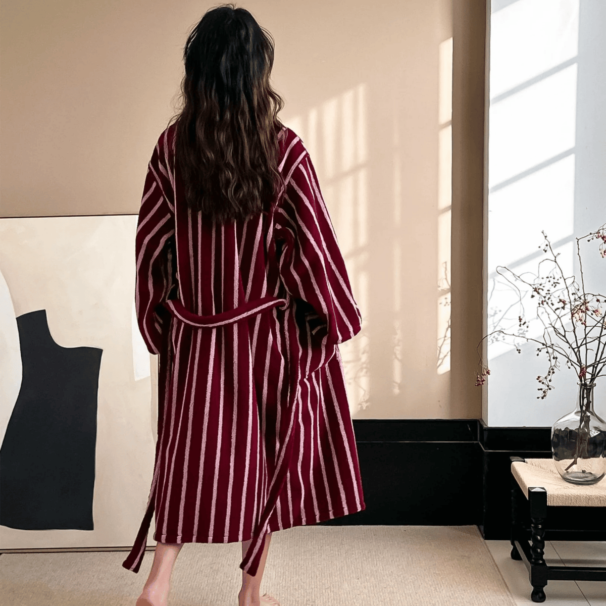 Bademantel aus Bio-Baumwolle Gestreift Damen Herren Morgenmantel Luxuriöse Weiche Loungewear Hausmantel Badezimmer | Sansoti