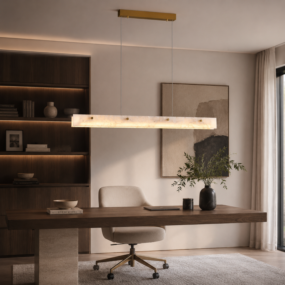 Lineare Pendelleuchte aus Marmor, goldfarbenes Design, Esszimmerleuchte aus Naturstein, LED-Beleuchtung für Kücheninsel und Esstisch | Sansoti