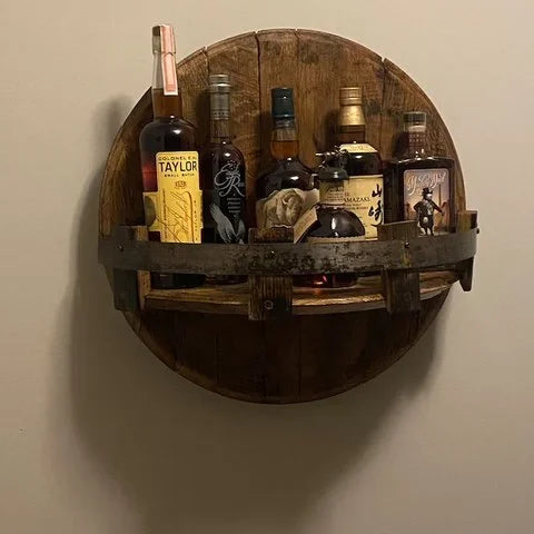 Drankendisplay Hout Rond Wandrek 4 Flessen Bruin Wandplank Bar Keuken Flessenhouder Rustiek Industrieel Interieur | Sansoti