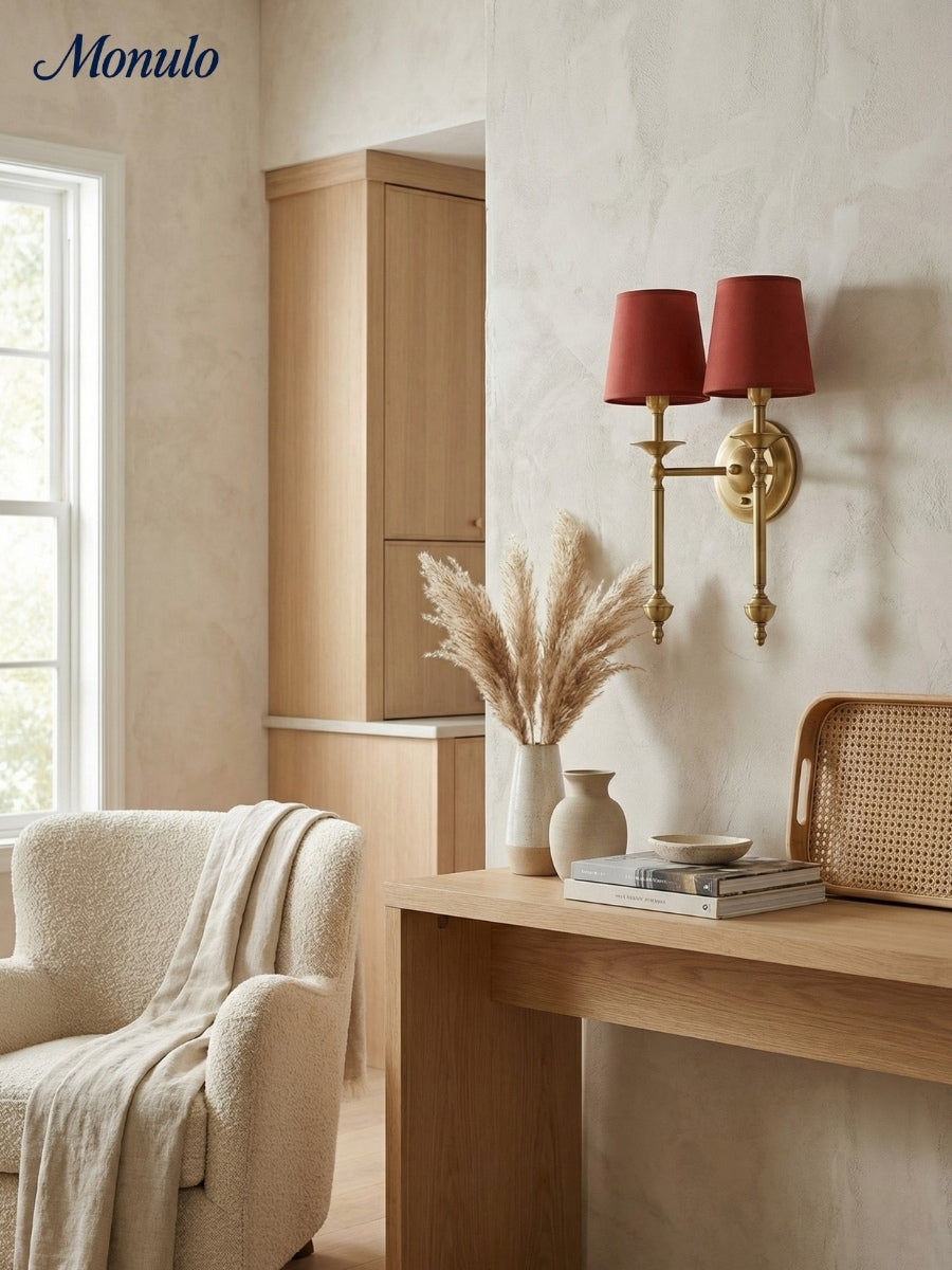 Stoffen Wandlamp met Vintage Koperen Afwerking – Sfeervolle Verlichting voor Hal, Slaapkamer en Woonkamer | Sansoti