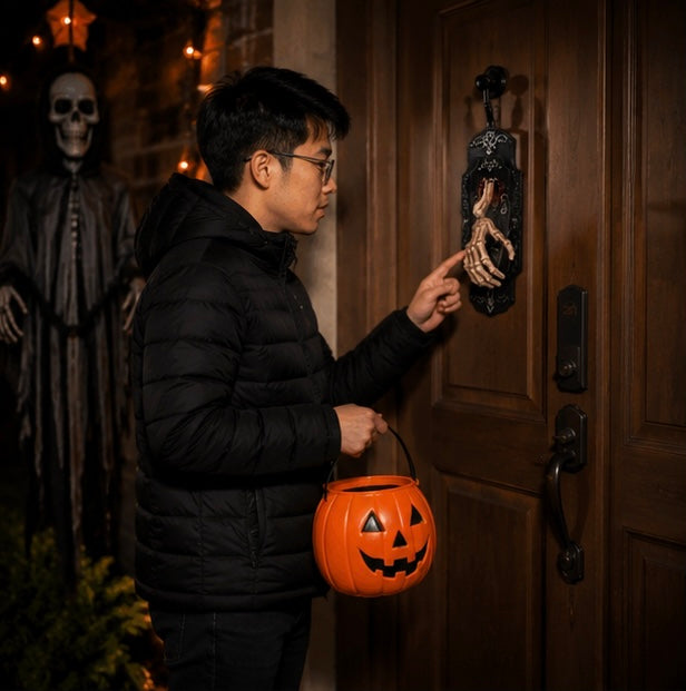 Décoration de sonnette Halloween en forme de main de squelette avec son, détecteur de mouvement et éclairage LED rouge pour une entrée effrayante | Sansoti