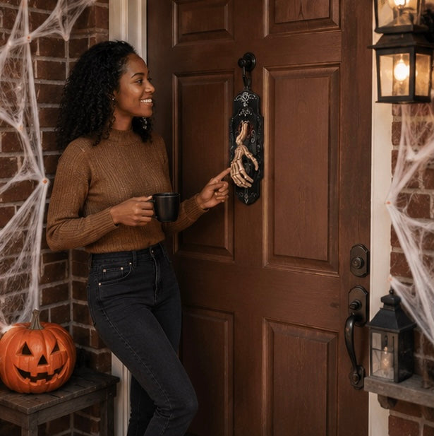 Décoration de sonnette Halloween en forme de main de squelette avec son, détecteur de mouvement et éclairage LED rouge pour une entrée effrayante | Sansoti