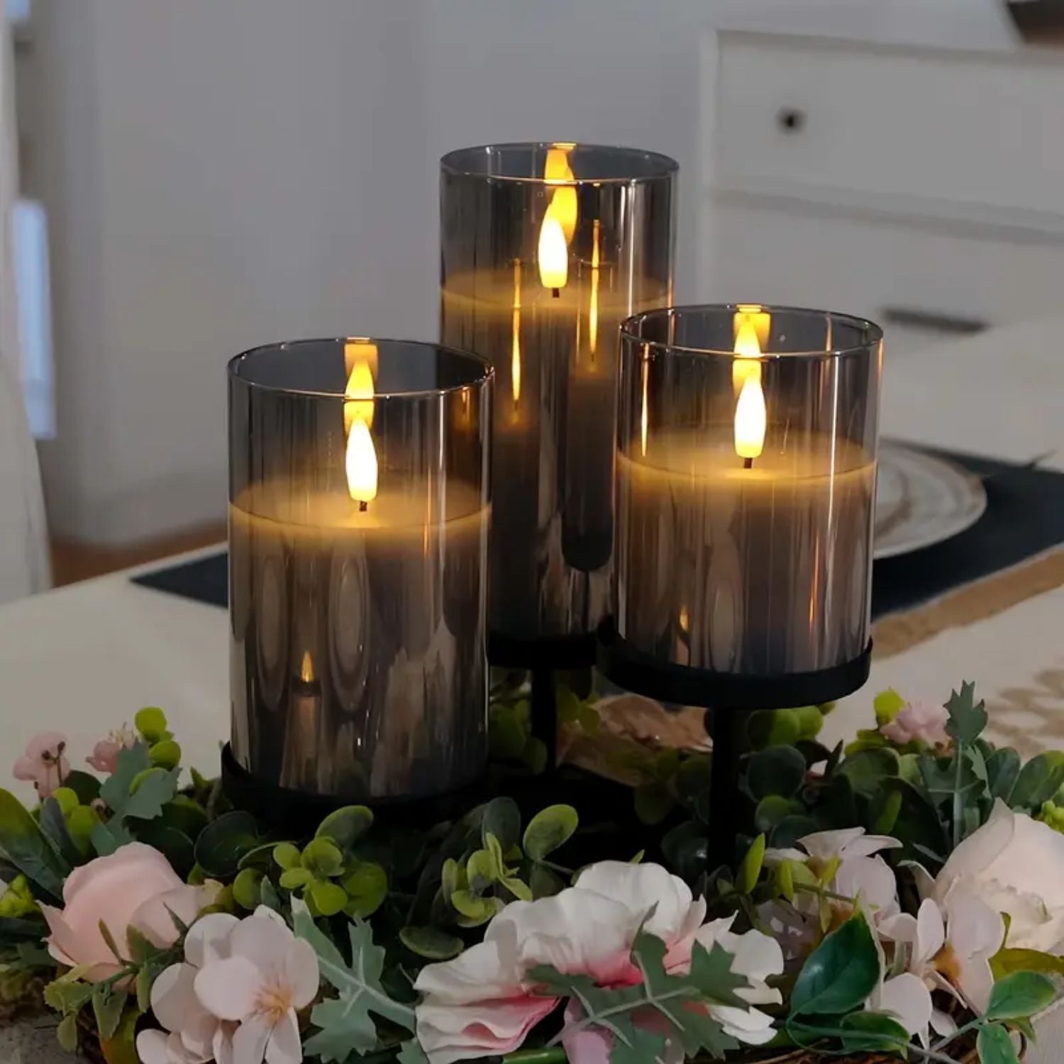 Bougies LED avec télécommande verre noir éclairage d’ambiance set minuterie intérieur moderne salon chambre décoration effet flamme réaliste | Restfield
