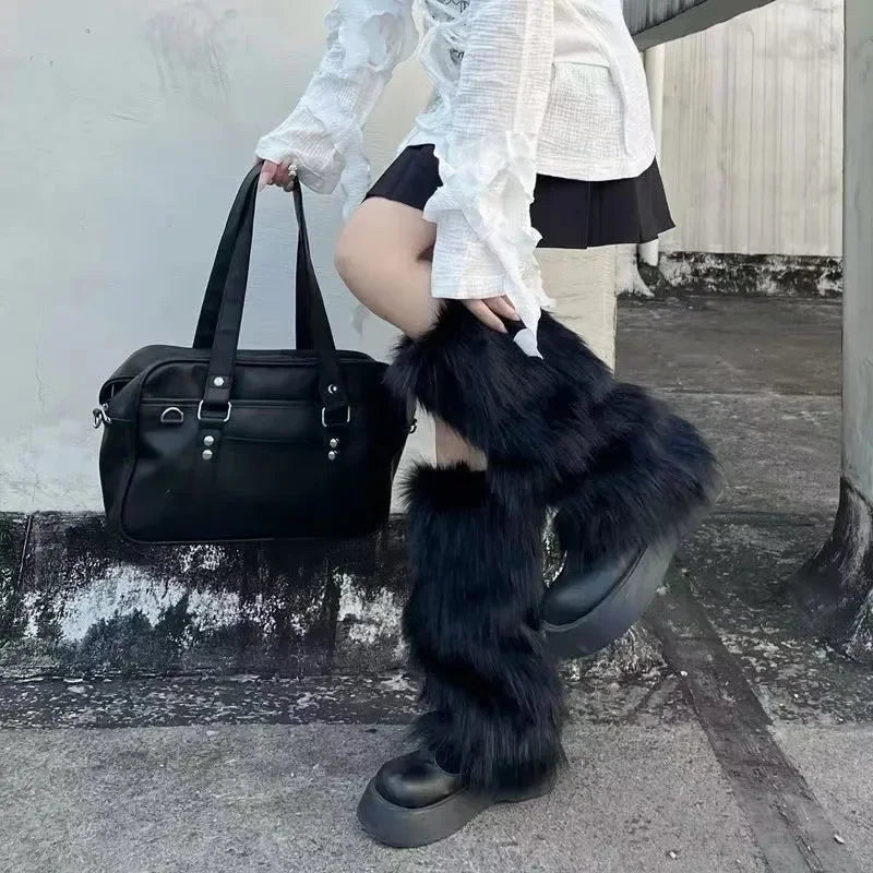 Fluffy Faux Fur Leg Warmers Black Winter Low Over Boots Harajuku Cosplay Accessory Streetwear Fashion | Sansoti