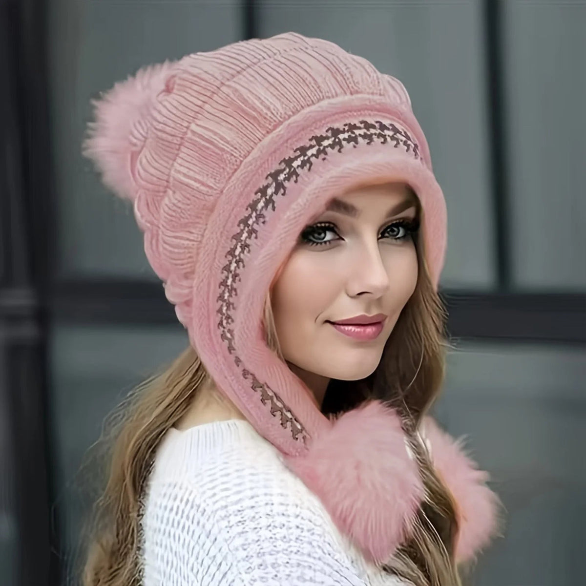Lined Winter Hat with Faux Fur Pom-Pom and Ear Flaps, Knitted Beanie Ski Hat, Warm Women's Headwear | Sansoti