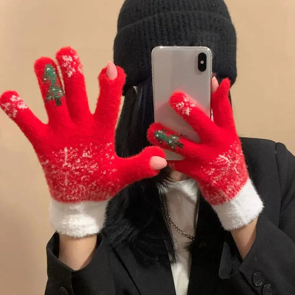 Convertible Knitted Fingerless Gloves Fleece-Lined Winter Mittens Warm Festive Women Men | Sansoti