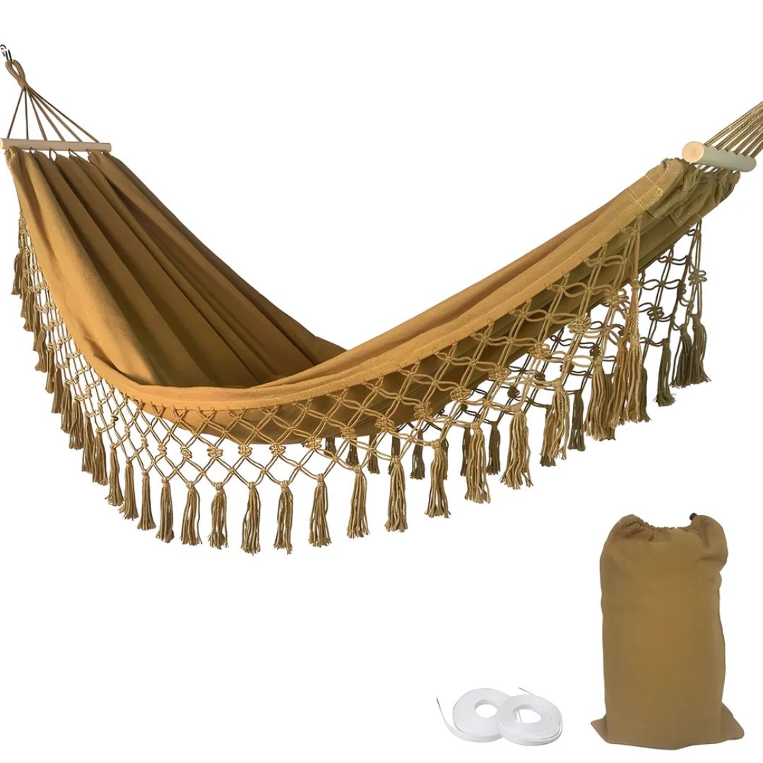 Boho-Hängematte aus Baumwolle mit Holzstäben, Tragfähigkeit 200 kg, zum Entspannen drinnen und draußen, für Garten, Balkon und Terrasse | Sansoti
