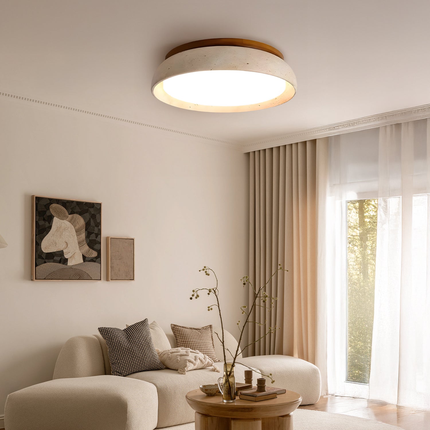 Scandinavische Plafondlamp Travertijn met Houtaccent — Moderne Ronde Opbouwspot Natuursteen en Acryl Inbouw LED Verlichting Warm Wit 3000K Slaapkamer Gang Entree Woonkamer — Ø 30 cm × H 7 cm | Sansoti