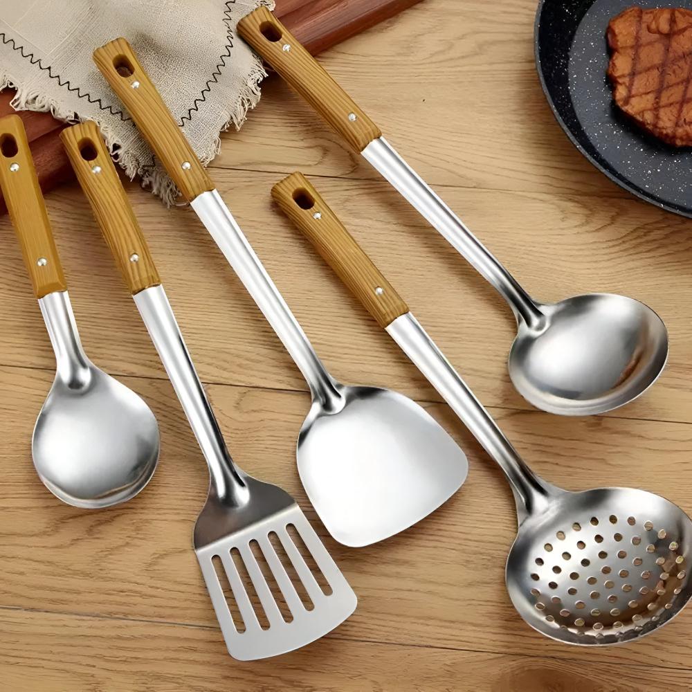 Set d’ustensiles de cuisine 5 pièces acier inoxydable manche bois résistant à la chaleur | Restfield