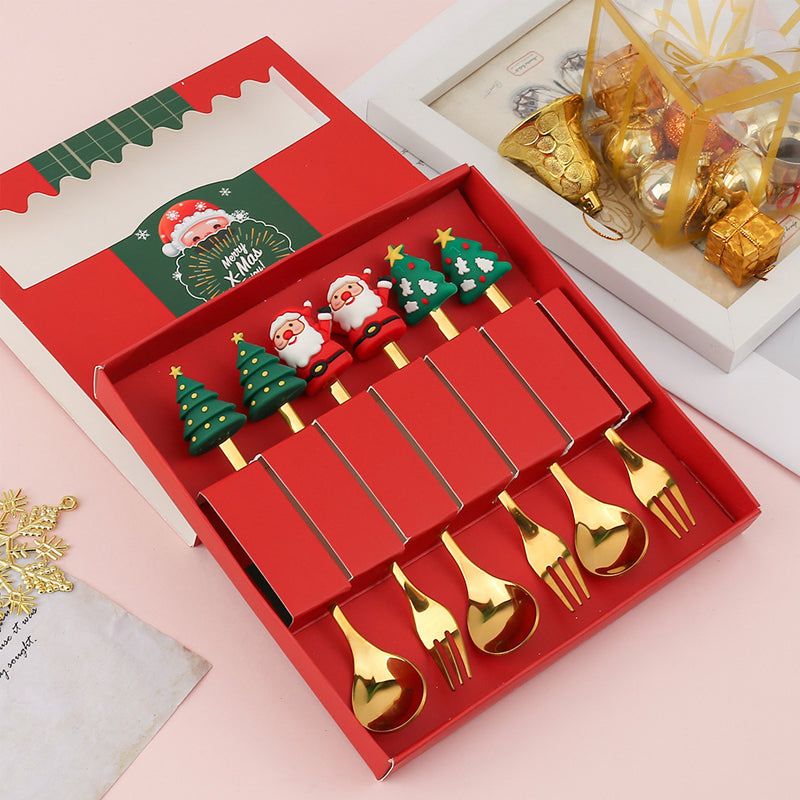 Set de couverts festifs de Noël, cuillère et fourchette en acier inoxydable, or et argent, vaisselle décorative pour table de réveillon | Sansoti
