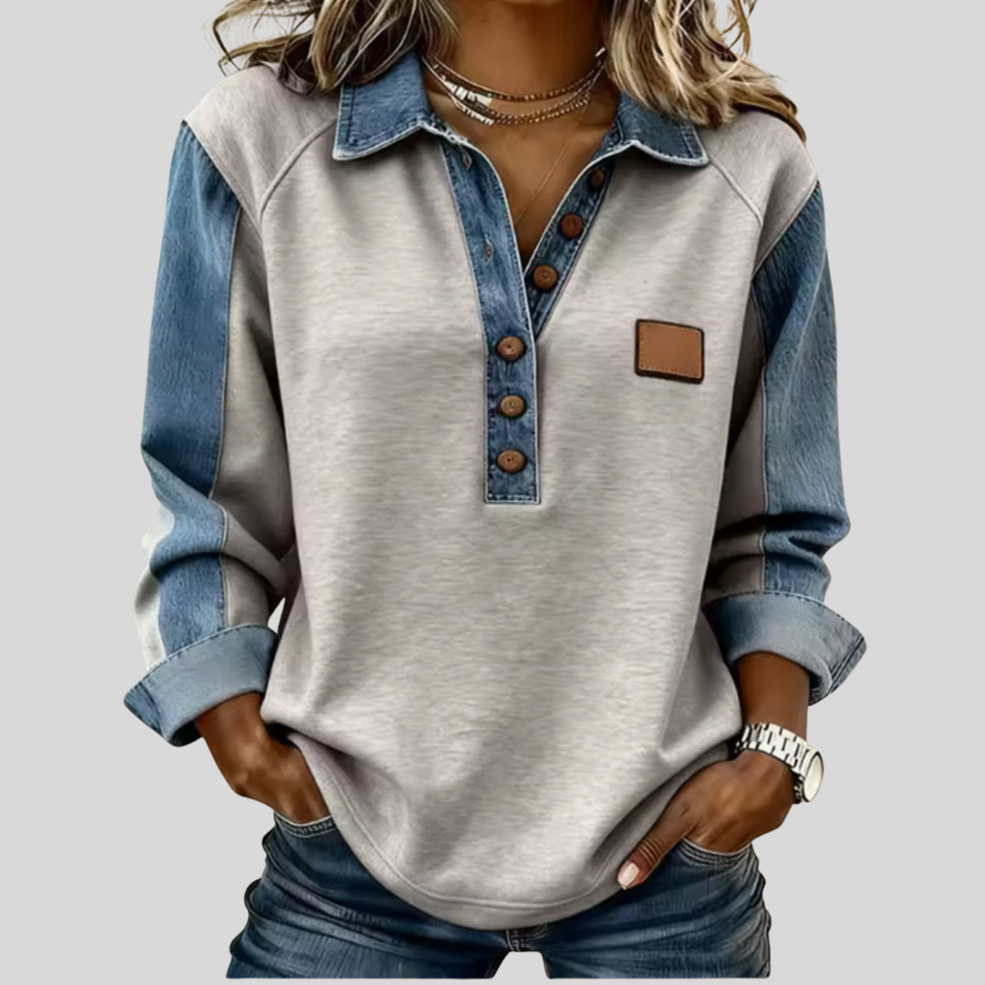 Polo-Sweatshirt mit Denim-Details Grau Schwarz Herren Damen Raglanärmel Halber Knopfverschluss Lässig | Sansoti