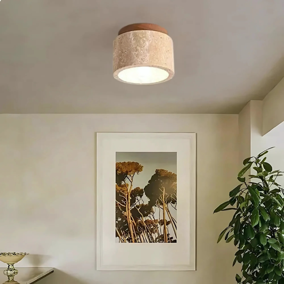 Plafonnier Travertin Cylindre Avec Accent Bois E27 12cm | Restfield