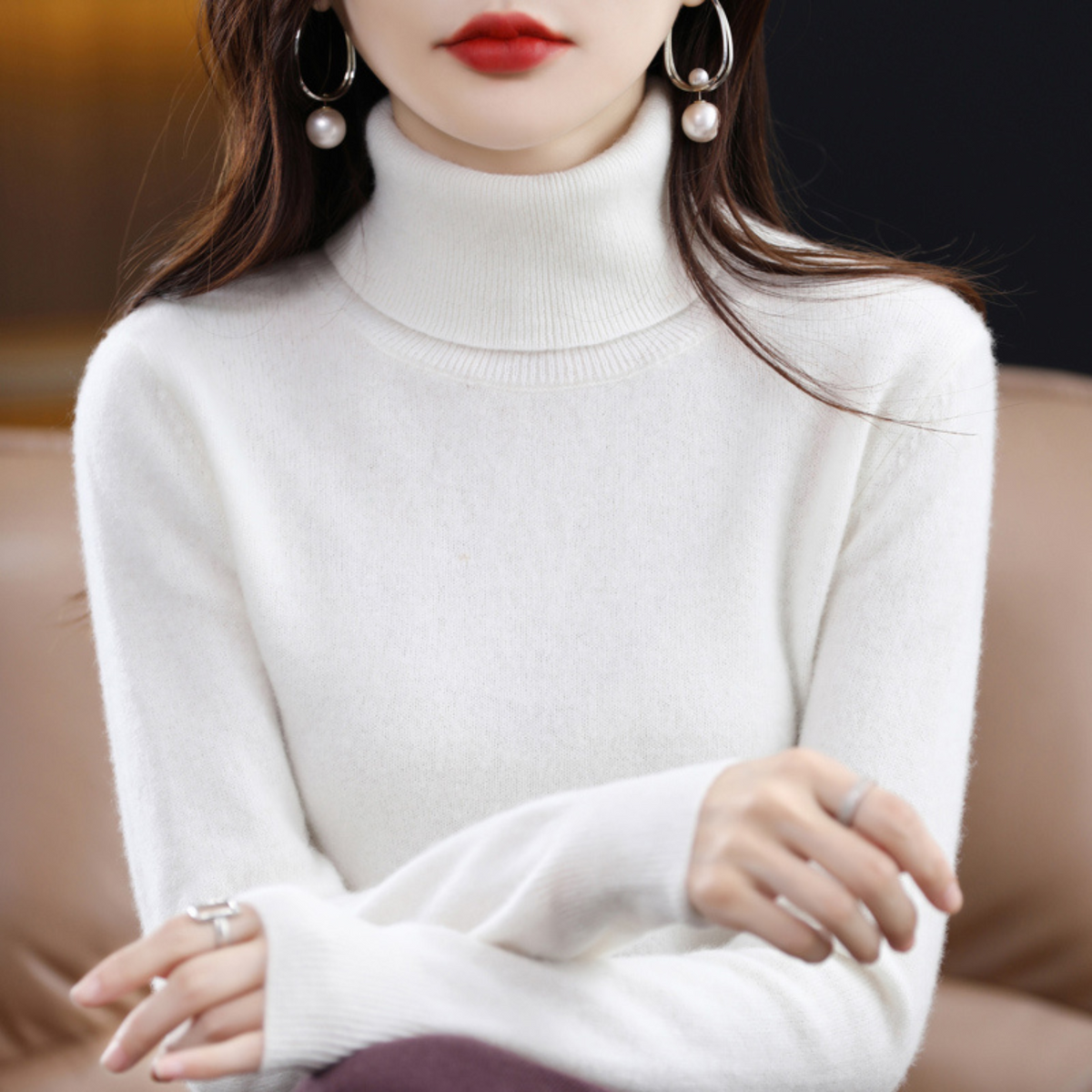 Jersey de cachemira de punto con cuello alto para mujer Negro Blanco Gris Rosa Lila Rojo Azul Marrón Básico elegante de otoño e invierno | Sansoti