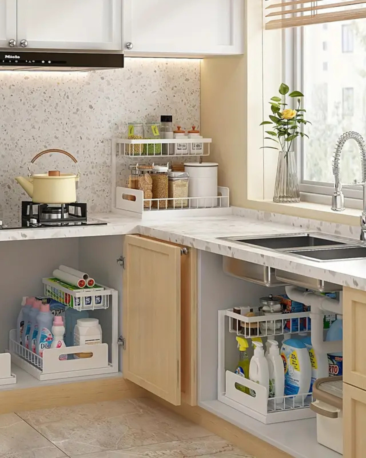 Uitschuifbare Kast Organizer Onder Wastafel Zwart Wit Twee Niveaus Keuken Badkamer Opbergsysteem Schoonmaakspullen Toiletartikelen | Sansoti