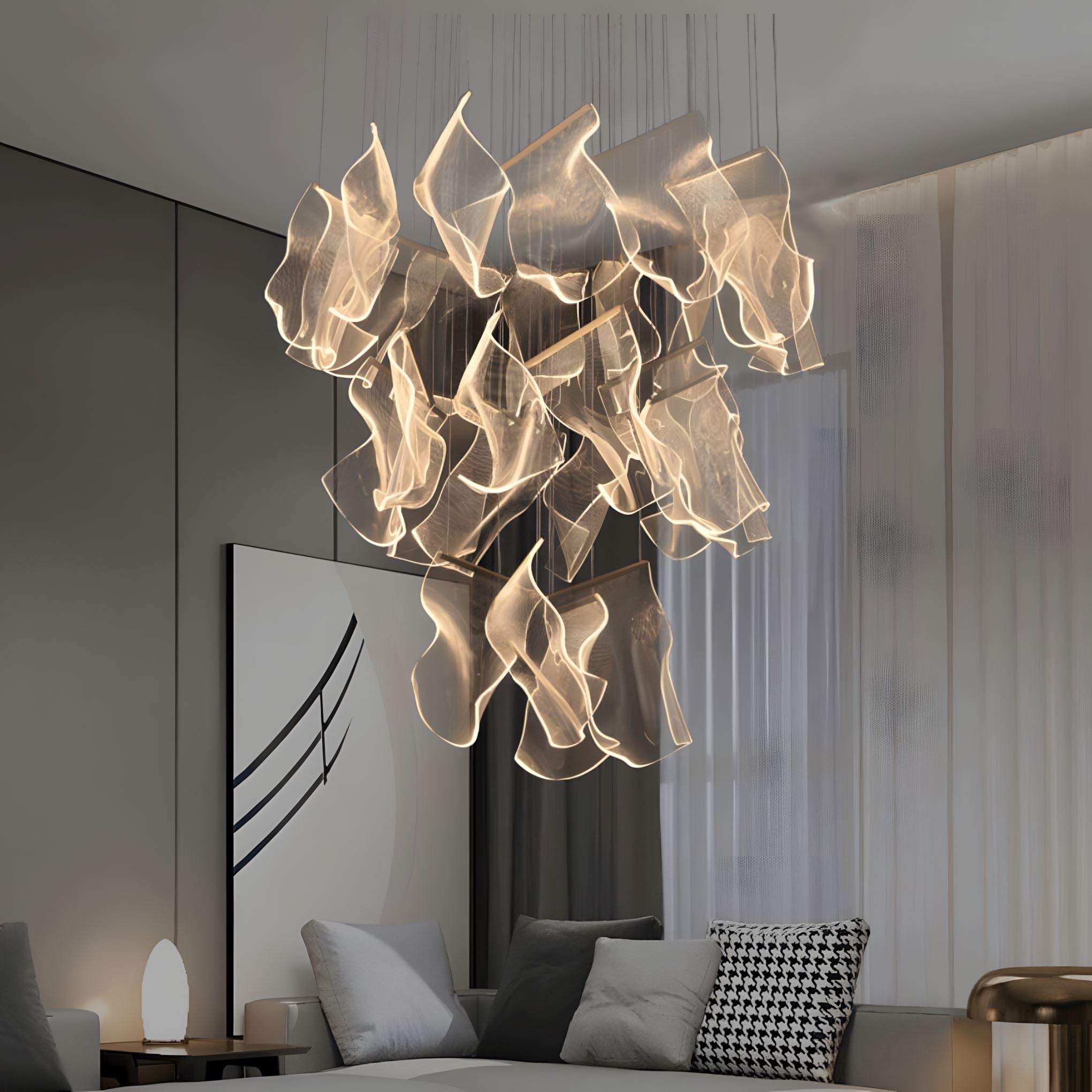 Moderne Design-Kronleuchter mit geschichteten Acryl-Blättern und verstellbarer Höhe | Restfield