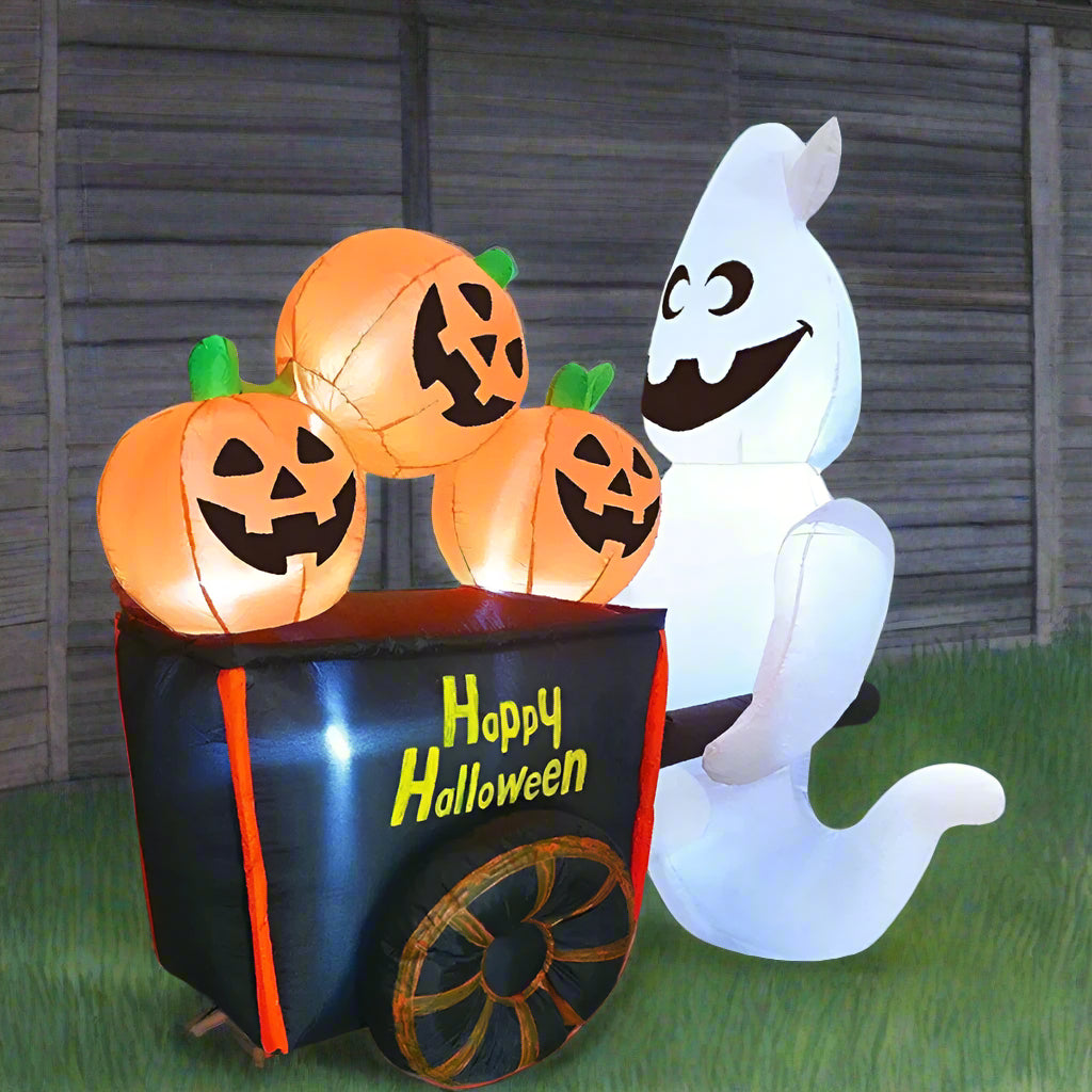 Opblaasbare Halloween Spook met Pompoenwagen 180cm LED Verlichting Tuindecoratie Feest Buiten Horror Decoratie | Sansoti