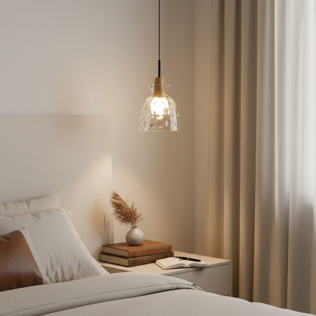 Glazen Hanglamp met Geslepen Koepel en Houten Accenten – Rustieke Eethoekverlichting | Sansoti