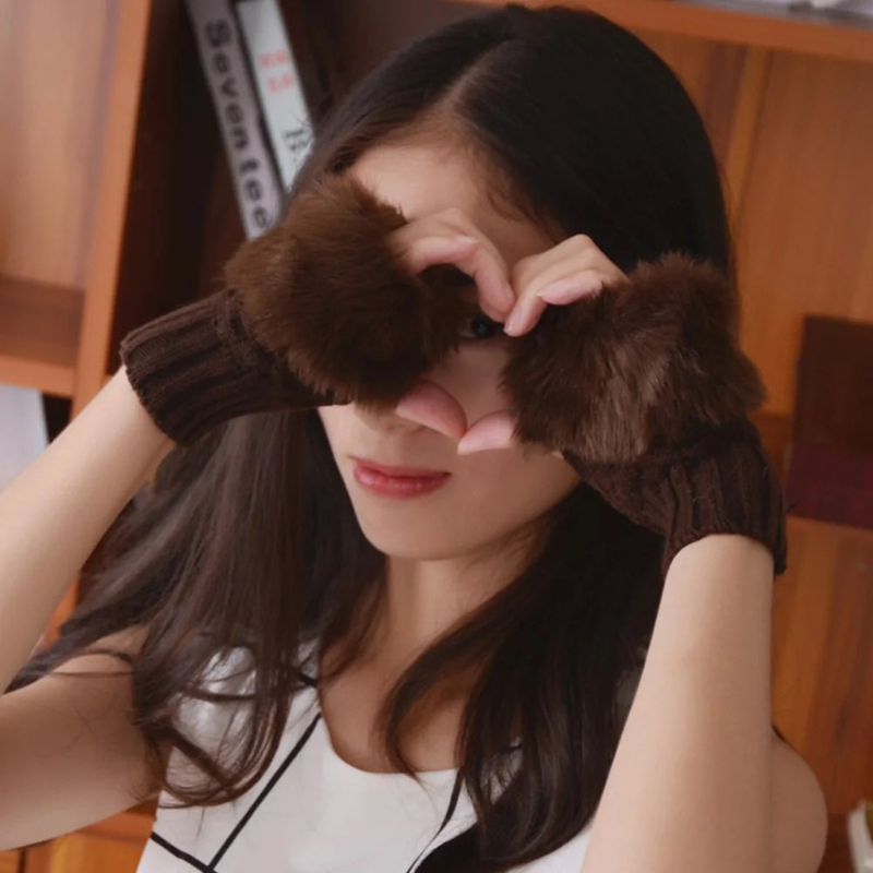 Fingerless Gloves with Faux Fur Wrist Warmer, Wool Hand Warmer, Stretchy, for Colder Days, Winter Comfort | Sansoti