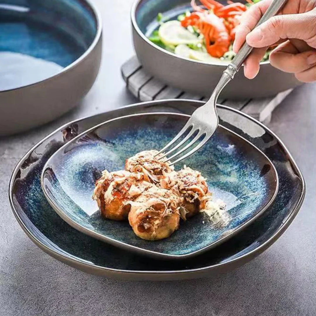 Serviesgoed Set 11-Delig Turquoise Geglazuurd Porselein Handgemaakt Rustiek Eetservies Borden Kommen Dinerborden Dessertborden | Sansoti