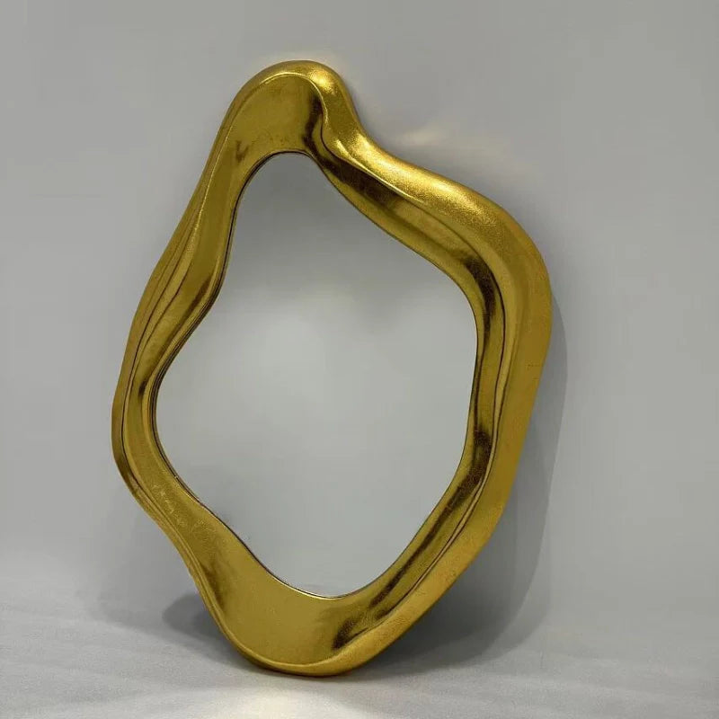 Asymmetrical Wall Mirror with Gold-Colored Wooden Frame – Organic Mirror Modern Wall Decoration | Sansoti