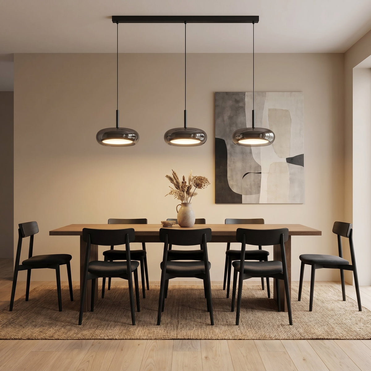 Suspension triple pour îlot de cuisine verre & fer LED réglable design moderne surface d’éclairage 15m² | Sansoti