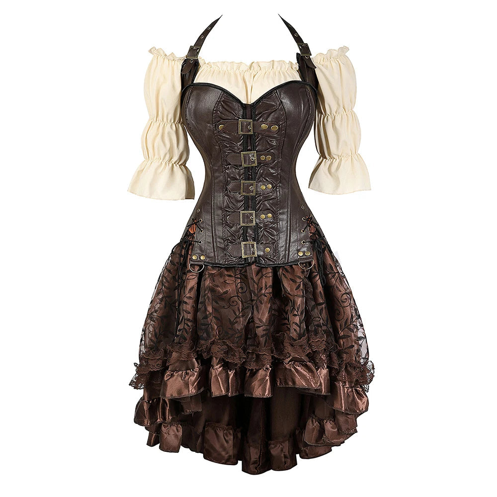 Pirate Corset Costume Set Faux Leather Off-Shoulder Blouse Layered Skirt Steampunk Gothic Halloween Costume | Sansoti