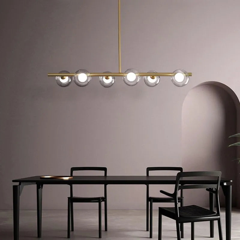 Suspension linéaire en verre bullé, 5 ou 6 points lumineux, noir et doré, salle à manger, îlot de cuisine, style nordique scandinave | Sansoti