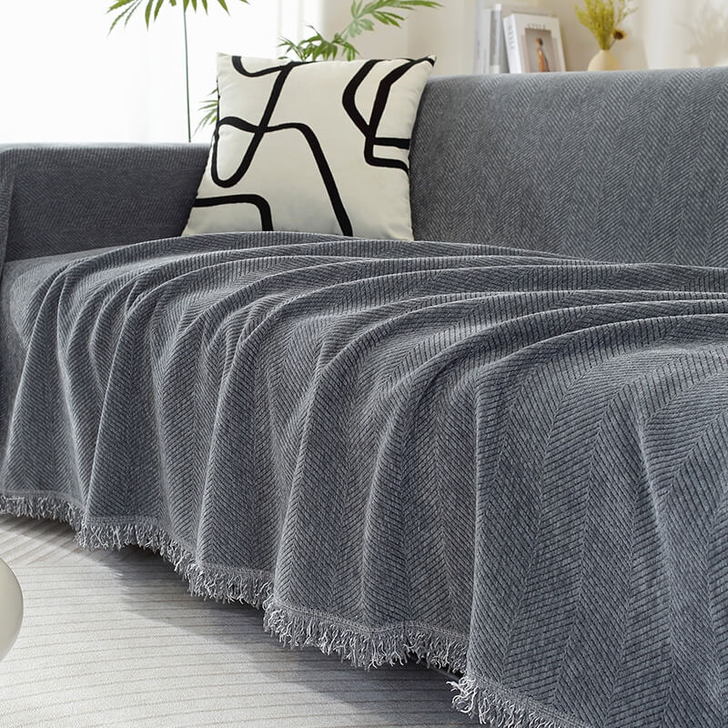 Chenille Plaid met Visgraatpatroon en Kwasten – Zachte Bankdeken 180x130cm – Decoratief Woonkleed voor Sofa | Sansoti