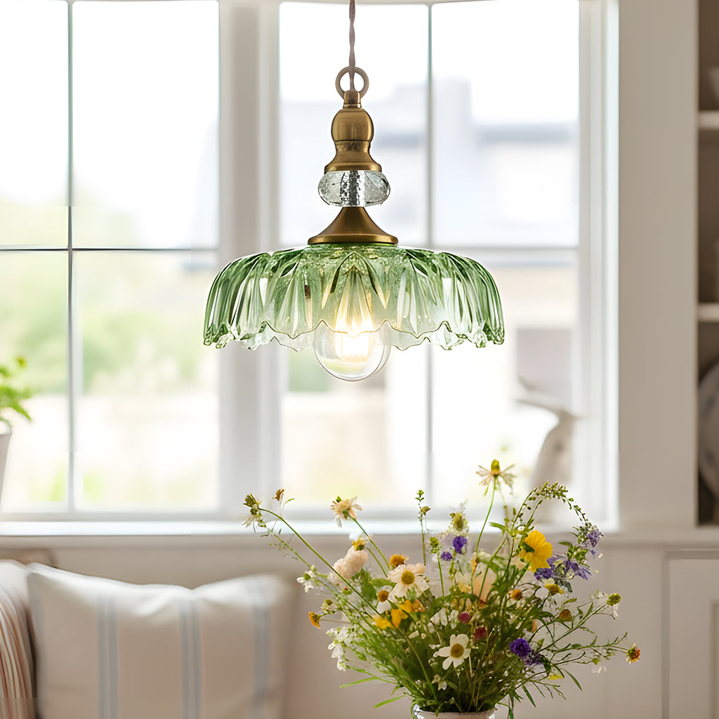 Vintage Hanglamp Glas Messing Bloemmotief Groen Zwart | Sansoti
