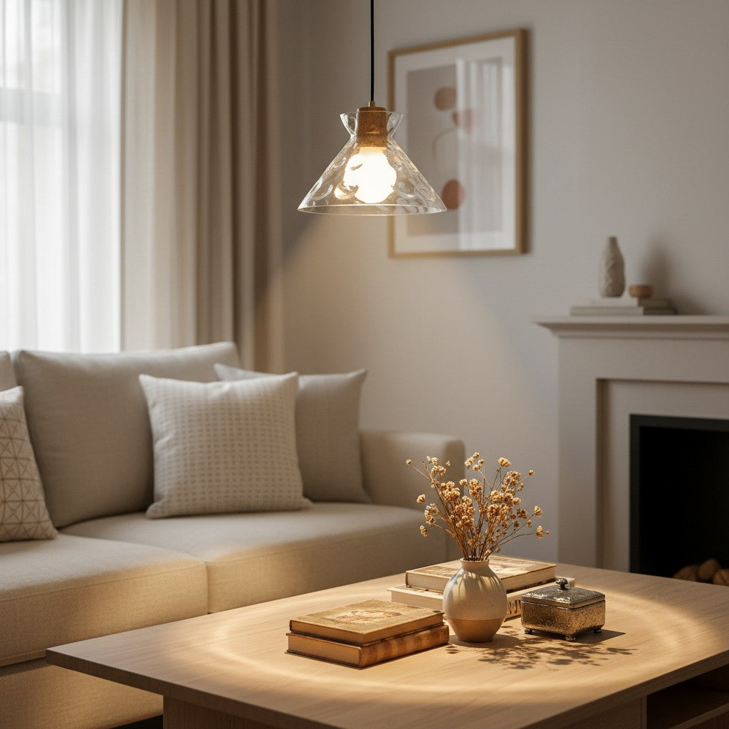 Glazen Hanglamp met Geslepen Koepel en Houten Accenten – Rustieke Eethoekverlichting | Sansoti