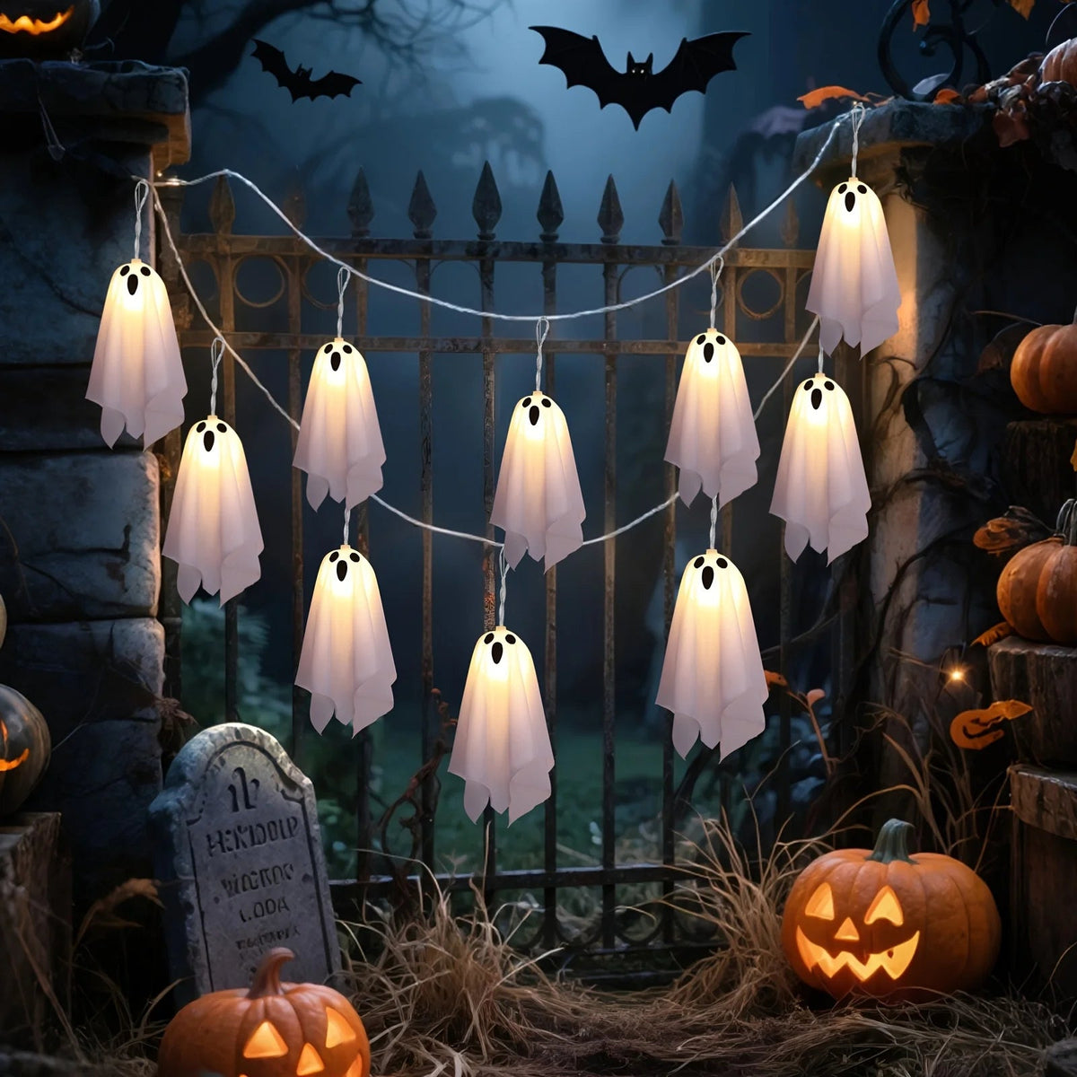 Girlanda świetlna LED z duchami na Halloween, przyjęcie, do ogrodu i wnętrz, dekoracyjna girlanda z przerażającymi figurkami, nastrojowe oświetlenie | Sansoti