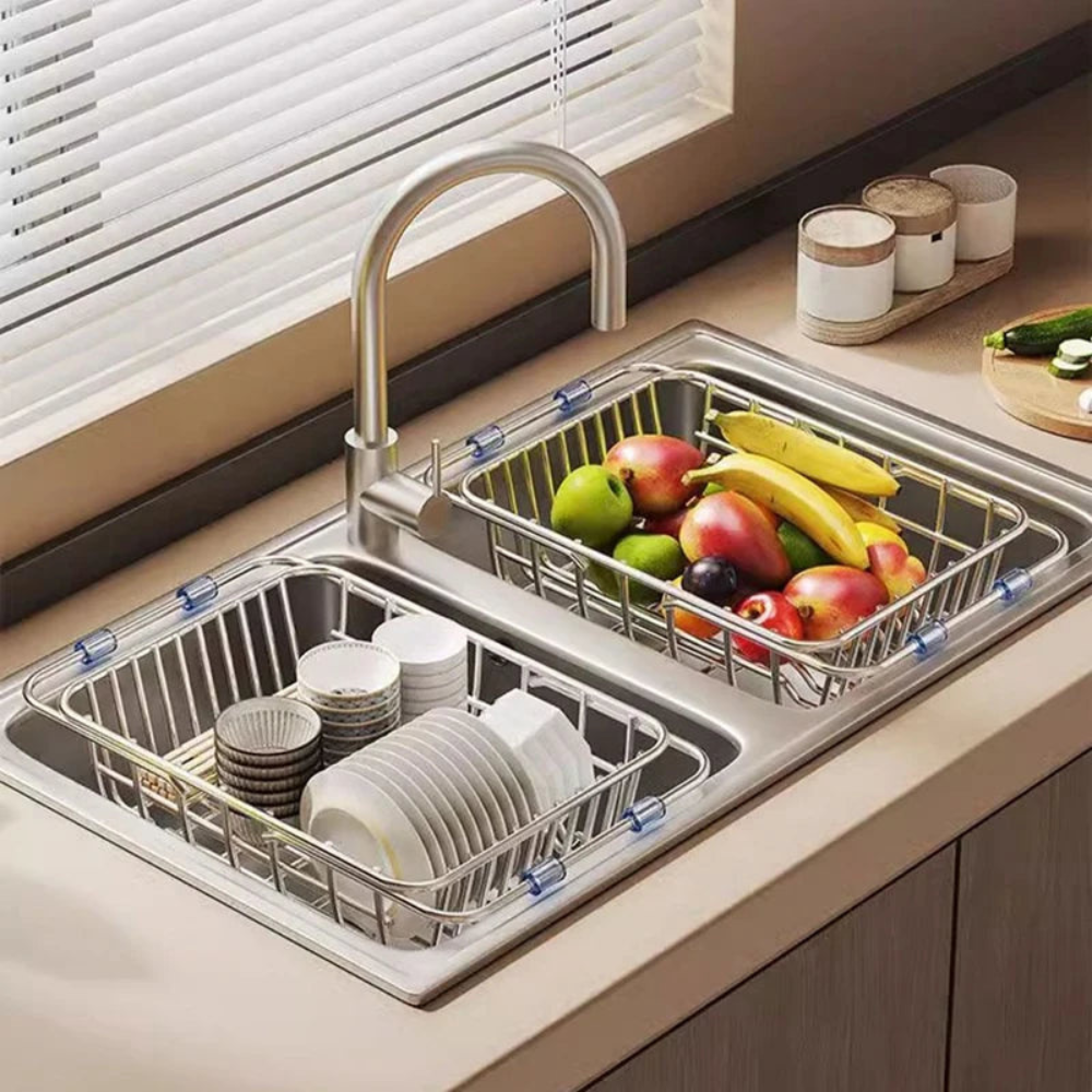Uitschuifbaar Aanrechtmand RVS Uitlekbaar met Telescoopfunctie voor Vaat Groenten Fruit Spoelbak Keuken | Sansoti