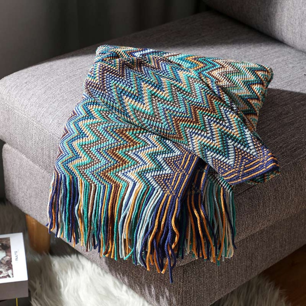 Knitted Throw with Zigzag Fringes – Soft Crochet Blanket for Sofa and Bed, All Seasons, Bohemian Style | Sansoti