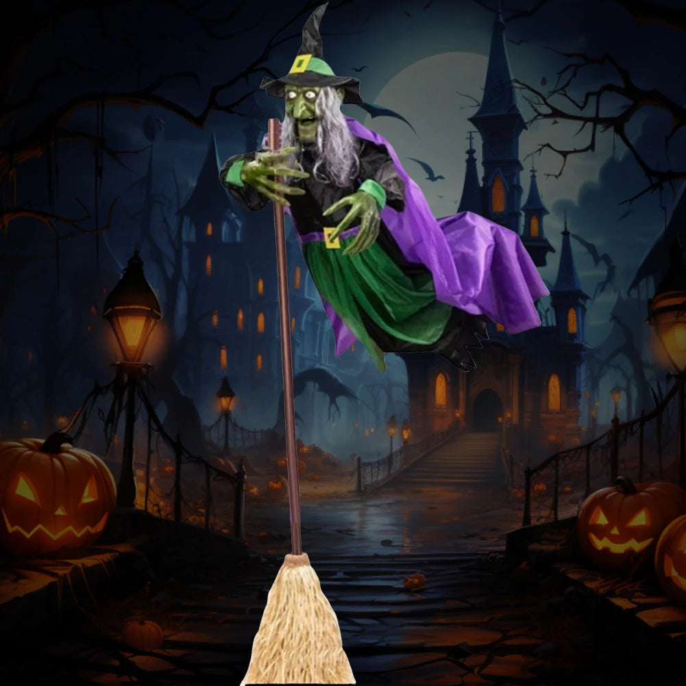 Animatronische Hexe auf Besen 180cm Halloween-Dekoration mit leuchtenden Augen, Geräuschen und Bewegung, Partydekoration | Sansoti