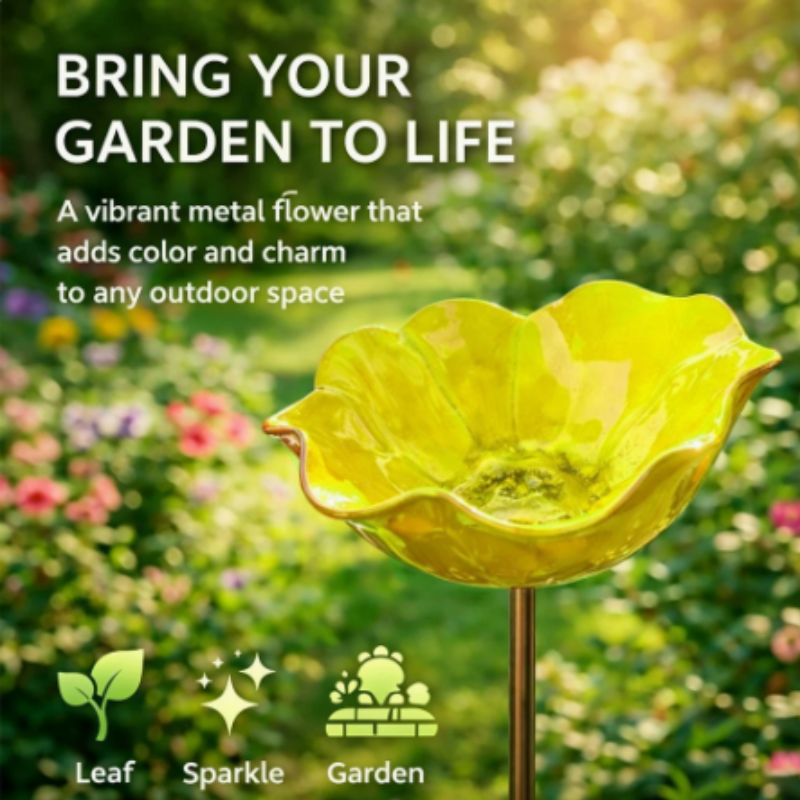 Metal Birdbath Garden Stake with Flower Design Drinking Bowl for Pollinators Weather-Resistant Garden Decoration | Sansoti
