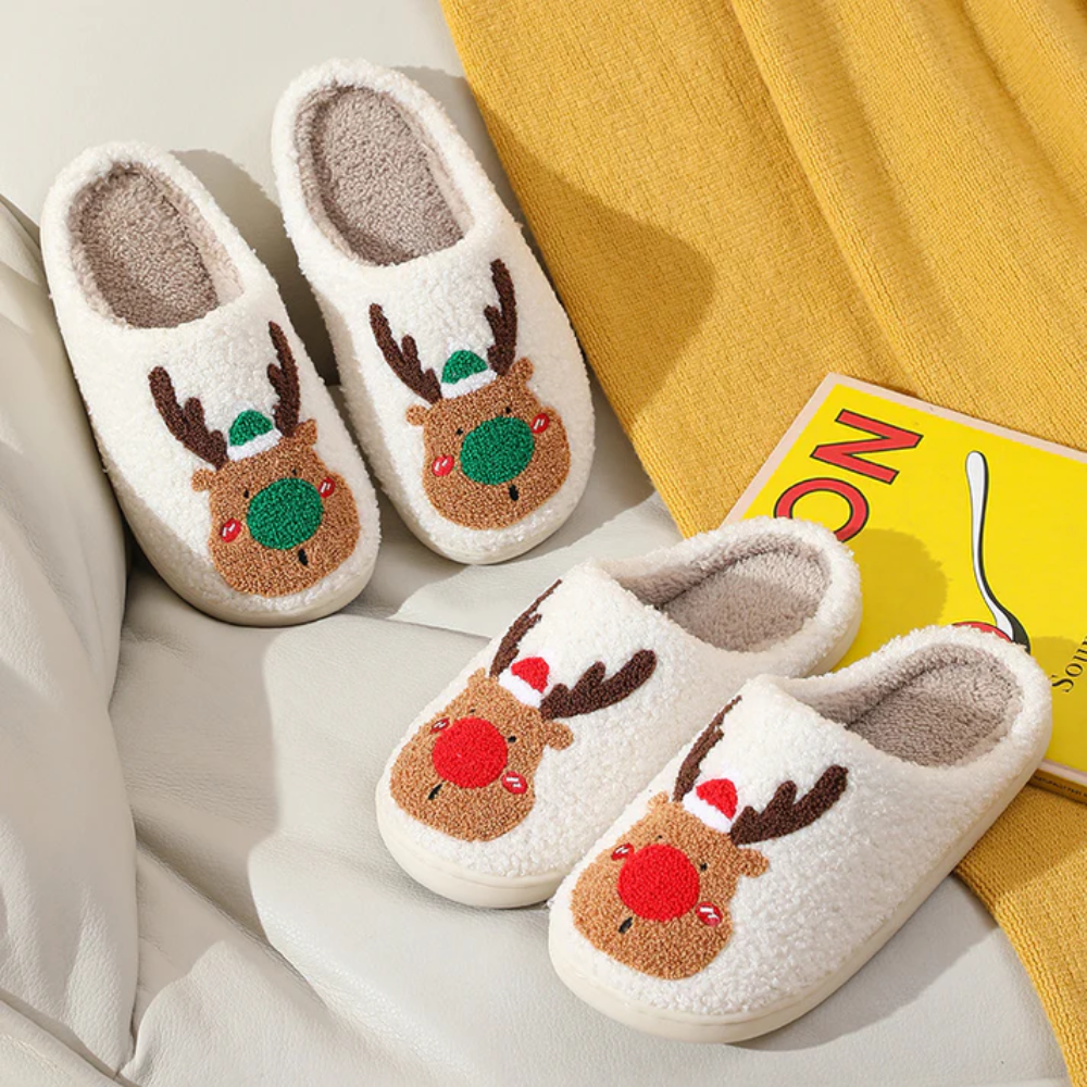 Christmas Reindeer House Slippers Thickly Lined Non-Slip Sole Warm Comfortable Indoor Winter Footwear for the Holidays | Sansoti