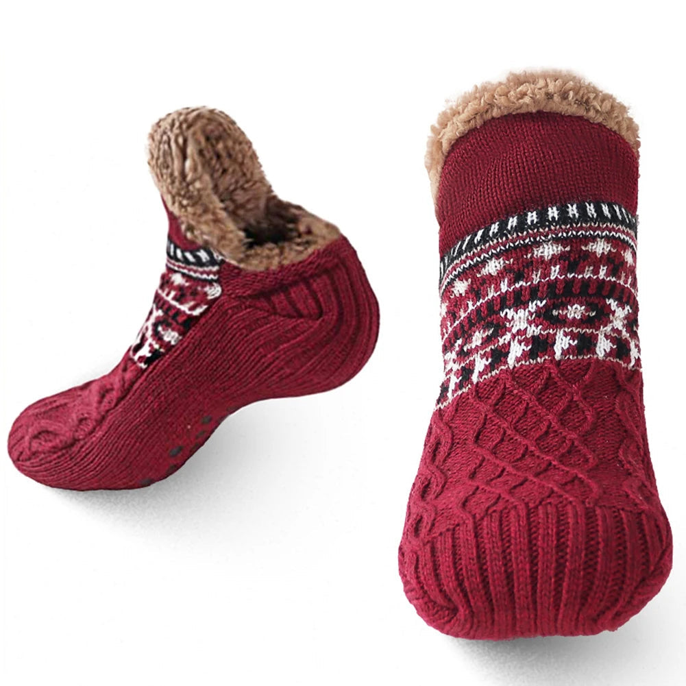 Knitted House Socks with Fleece Lining Non-Slip Sole Winter Slippers Warmth Comfort Indoor Socks | Sansoti