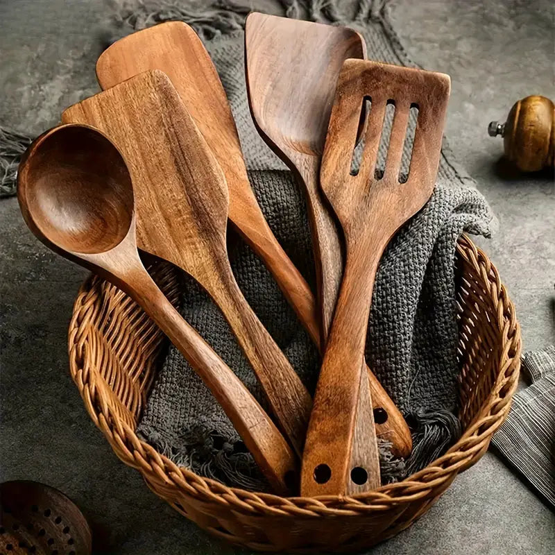 Keukengerei Set van Massief Teakhout 5 7 10-delig Natuurlijk Duurzaam Serveren Kookgerei Scandinavisch | Sansoti