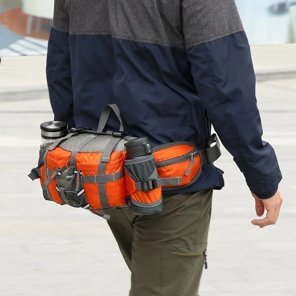 Wasserdichte Outdoor-Gürteltasche mit Flaschenhaltern in Schwarz, Orange, Blau und Grün zum Wandern, Radfahren, Laufen und für Sport | Sansoti