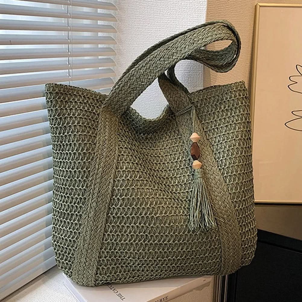 Geflochtene Raffia-Schultertas für Damen, sommerliche Boho-Handtasche, Shopper und Strandtasche, Beige, Braun, Grün, Natur | Sansoti