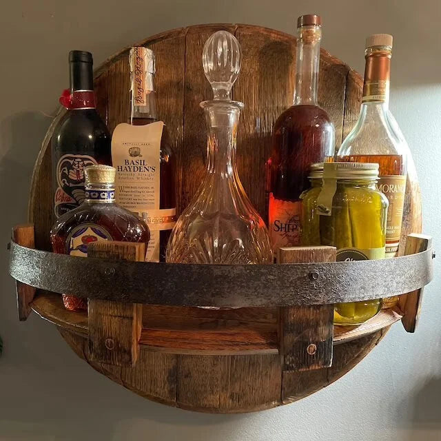 Drankendisplay Hout Rond Wandrek 4 Flessen Bruin Wandplank Bar Keuken Flessenhouder Rustiek Industrieel Interieur | Sansoti
