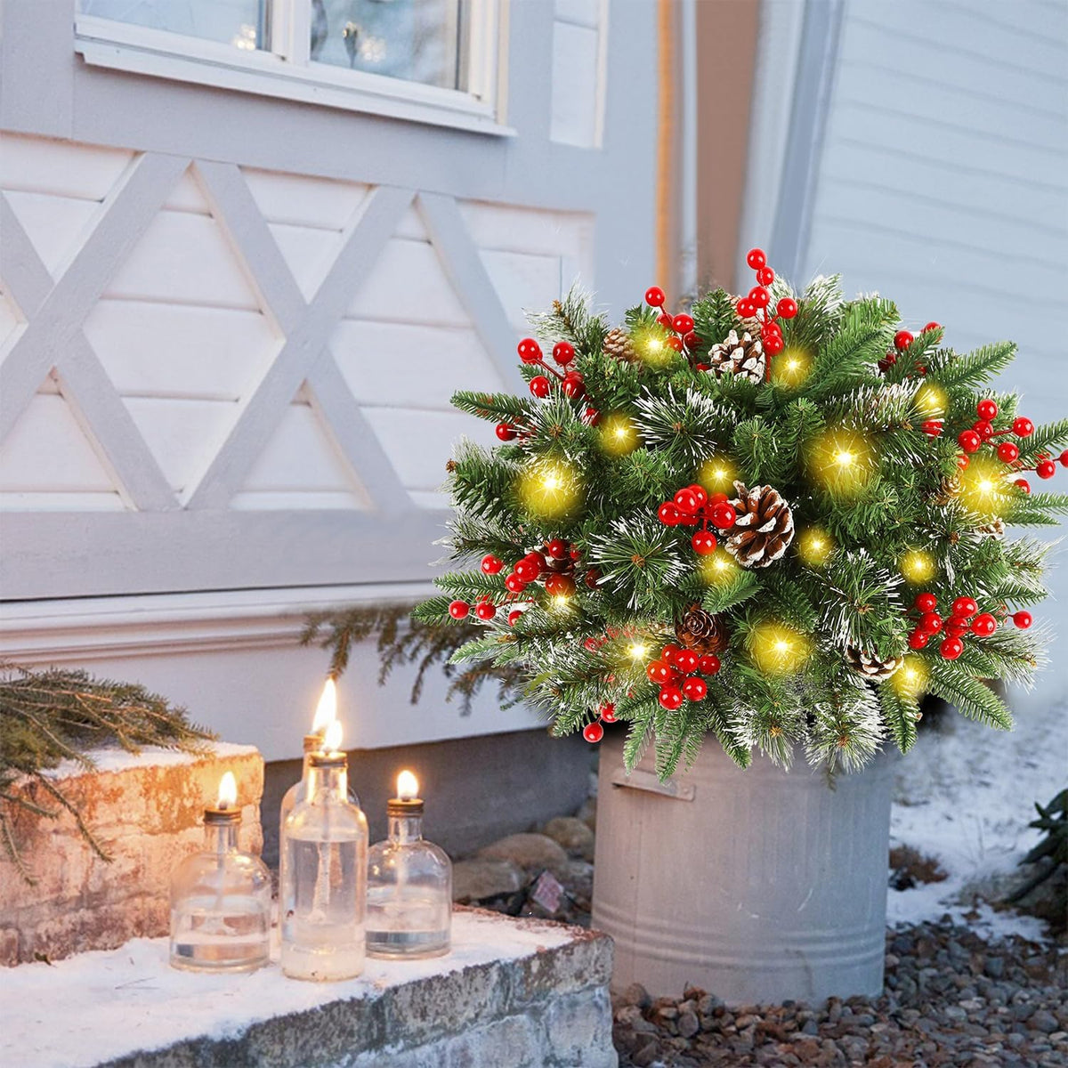 Beleuchteter LED-Weihnachtskranz, 50 cm, mit Timer und Batterie, Tannenzapfen und Beeren, für innen und außen, Tür- und Wanddekoration | Sansoti