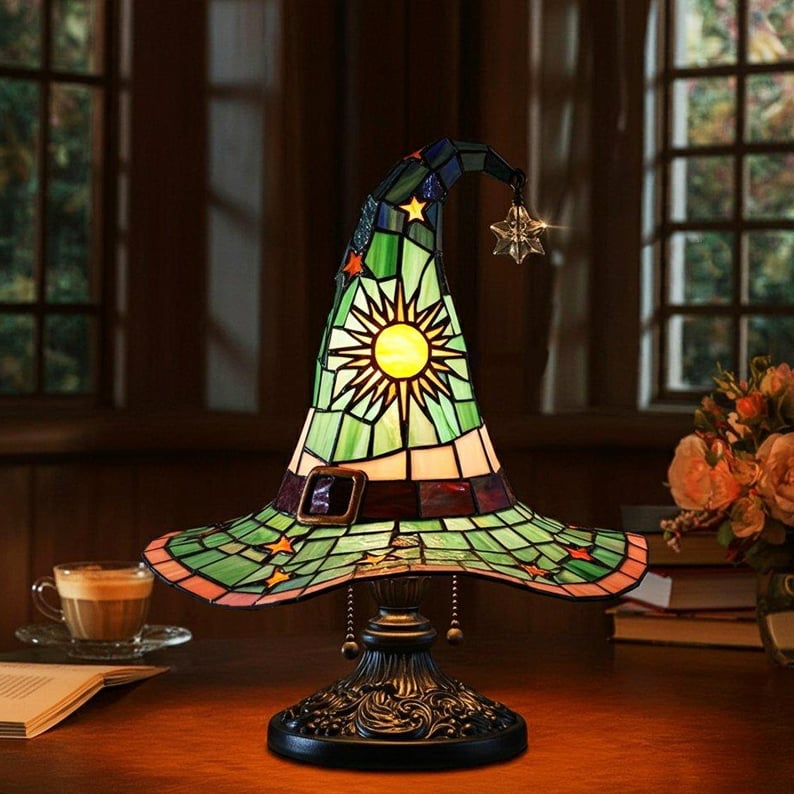 Dekorative Hexenhut-Lampe mit warmem LED-Licht, 35 cm, Gothic-Stimmungsbeleuchtung für Tisch und Schrank, Halloween-Dekoration | Sansoti