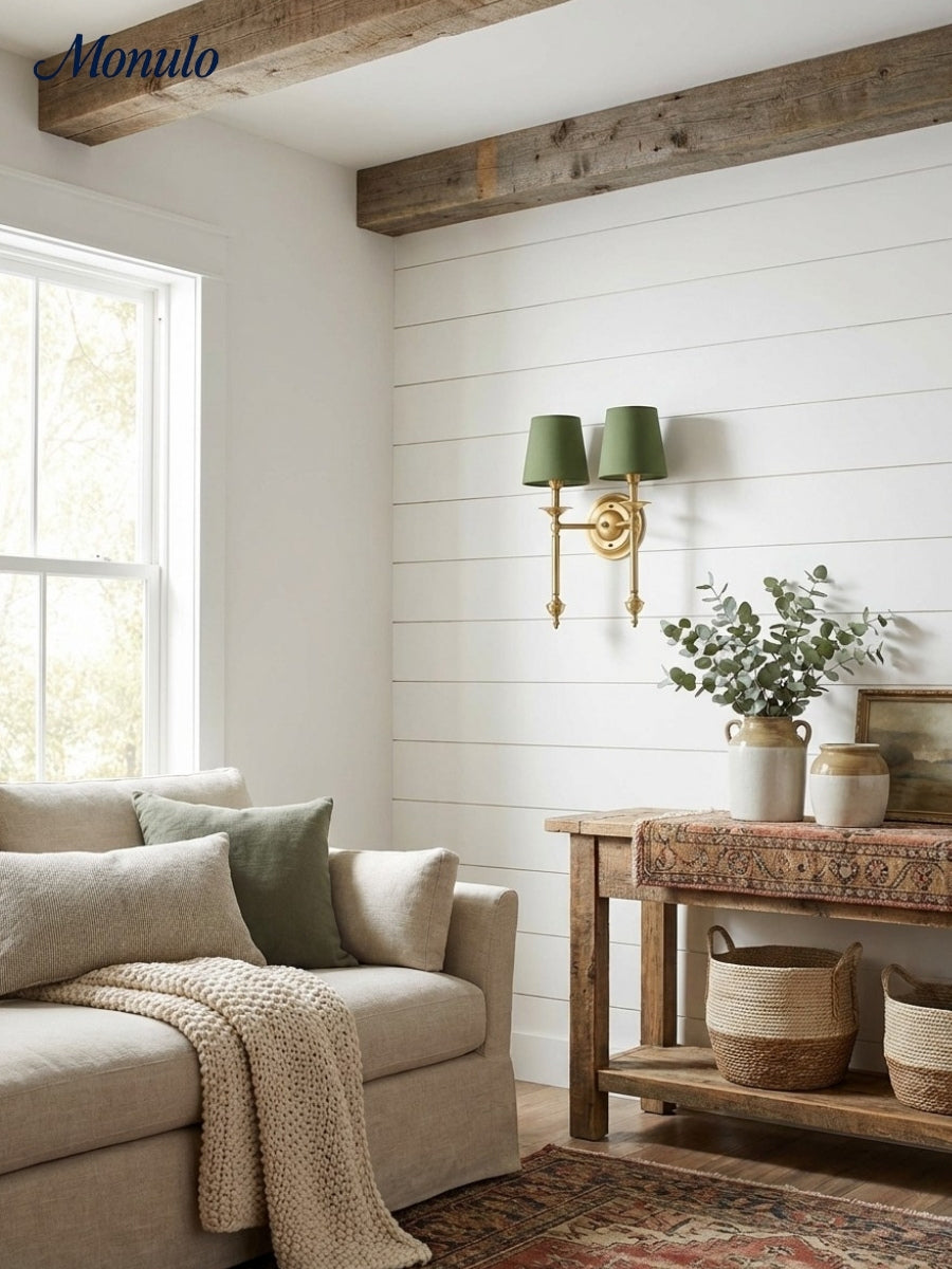 Stoffen Wandlamp met Vintage Koperen Afwerking – Sfeervolle Verlichting voor Hal, Slaapkamer en Woonkamer | Sansoti