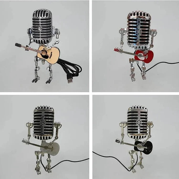 Lampe robot avec microphone et guitare, en métal, lampe de table vintage noire, blanche, rouge et jaune, réglable, design musicien | Sansoti